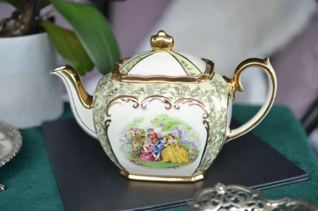 Vintage Sadler Cube Large Teapot Green Gold Gilt Romantic Garden Crinoline Lady