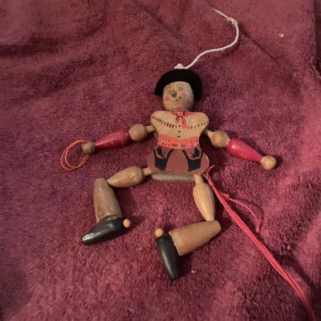 VINTAGE WOODEN JUMPING Jack Pull String Toy Cowboy with Lasso Original