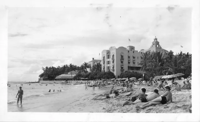 1940s Royal Hawaiian Hotel Surf Board Beach Sunbathers Waikiki Beach Photo Vtg