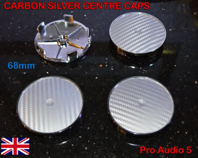 4x 68mm Carbon Silver & Chrome Centre Caps Wheel BM MV1 MV2 E34 E46 E36 E90 E70