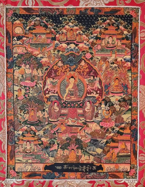 Schöner feiner Thangka, Leben Buddhas Meisterstück aus Nepal - Mit Gold & Brokat