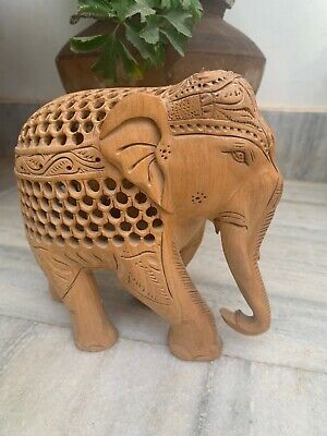 Vintage Elephant Statue With Baby In Womb Hand Carved Kadam Wood Decor Figurine