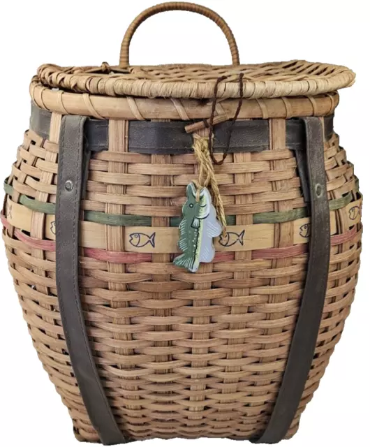 Large WOOD Wicker &  Bark Creel Basket Fly Fisherman Trout Fishing Home Decor