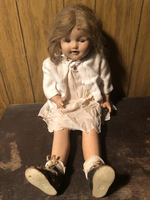 Vintage 25” Bisque Head Doll W/ Composition Cloth Body,Blue Green Blinking Eyes