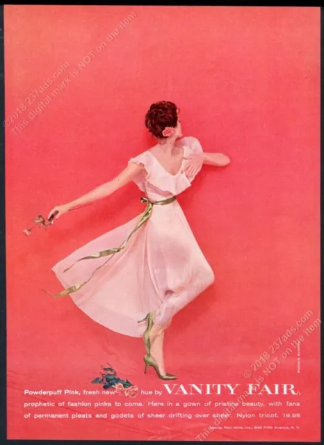 1959 Richard Avedon photo woman in pink sheer gown Vanity Fair lingerie print ad