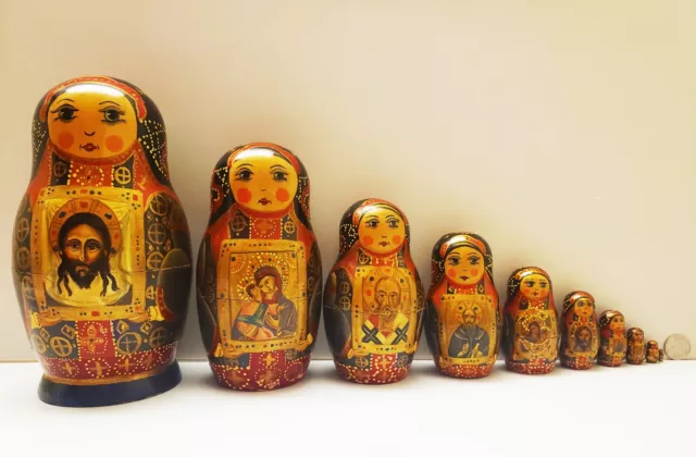 '88 Vtg OOAK Russian Matryoshka NESTING DOLLS 10pc Handpnt RELIGIOUS Icon SIGNED