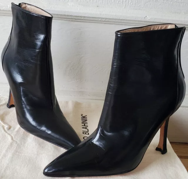 Manolo Blahnik Black Leather Ankle Boots Pointy Toe Stiletto Heels Never Worn