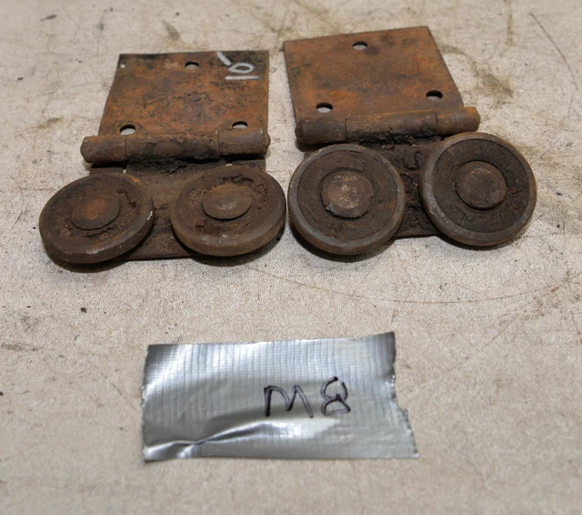 2 collectible vintage barn door double wheel roller & bracket tool lot M8