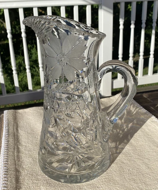 ABP American Brilliant Period Cut Art Glass ~ 10" Pitcher Jug Floral Flowers