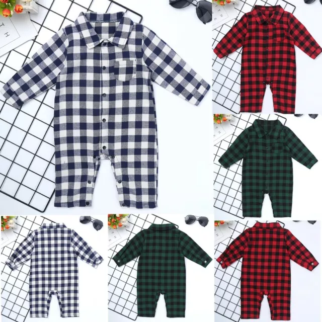 Newborn Baby Boys Girls Plaid Romper One-Piece Shirt Jumpsuit Clothes Outfits