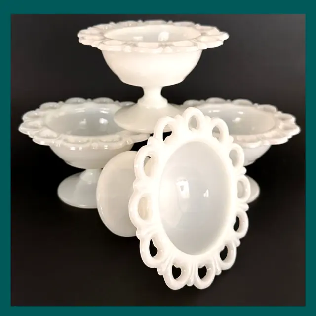 White Milk Glass Compote Pedestal Small Dish Old Colony Lace Edge Anchor Hocking