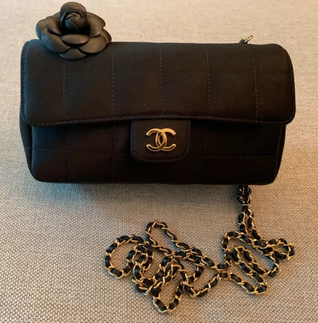CHANEL CHOCOLATE BAR Black Leather Camellia No. 5 Chain Pouch Bag #2355 Rise -on $958.40 - PicClick