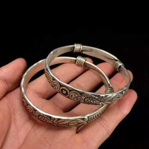 Rare 2 Pcs Old Miao Silver Carved Fish Men's Bracelet Bangle B6