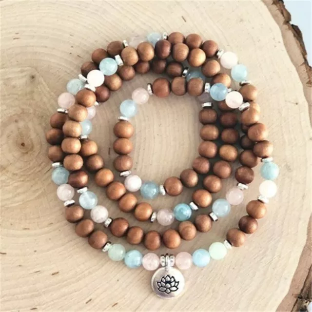 8mm Sandalwood 108 Bead Lotus Pendant Bracelet Pray Healing Buddhism Lucky