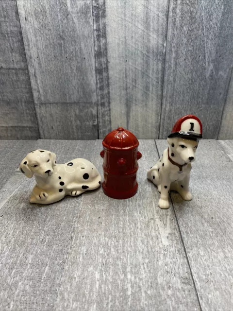 Porcelain 2 Dalmation Dogs with Red Fire Hydrant Salt and Pepper Shaker Set