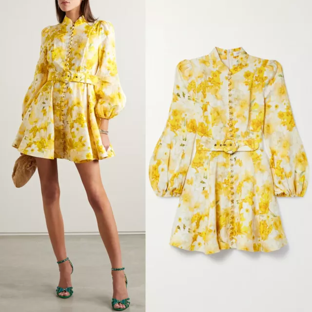 NWOT Zimmermann Wonderland Daffodil Floral Yellow Buttoned Linen Mini Dress AU0