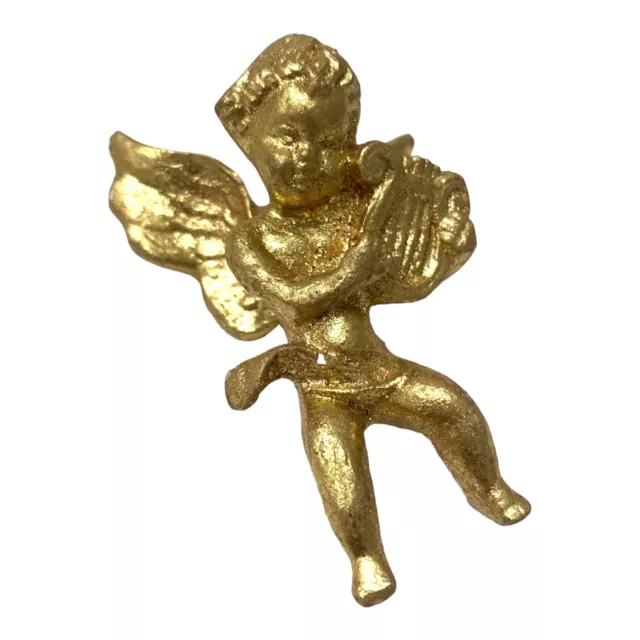 VTG Gold Tone Cherub Musician Angel Christmas Ornament Figurine Playing Harp 3”