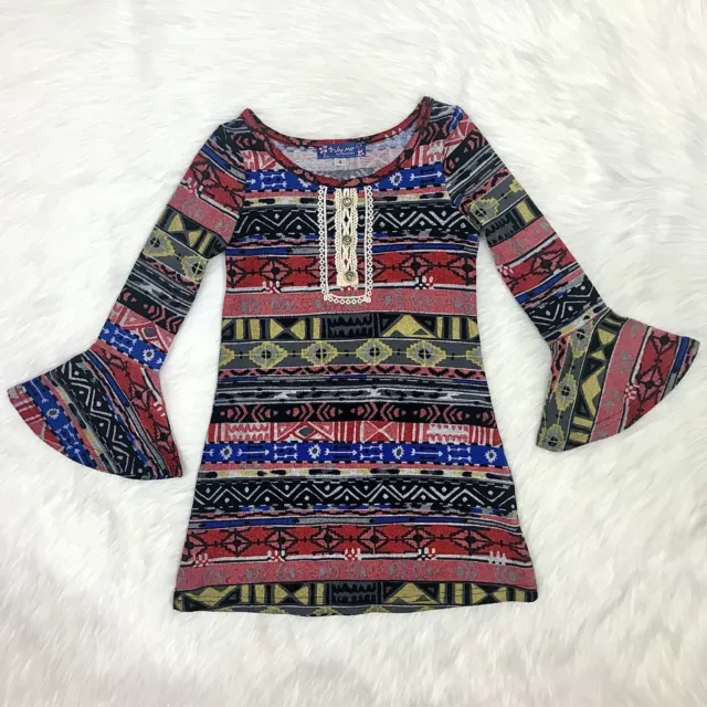 Little Girls Boho Multicolored Bell Sleeve Geo Print A-Line Dress Size 4Y