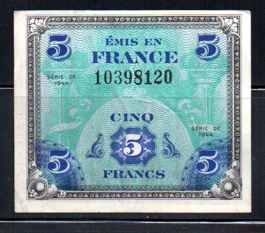 WW2 French 5 Francs 1944 (Allied Occupation Currency) France Banknote WWII