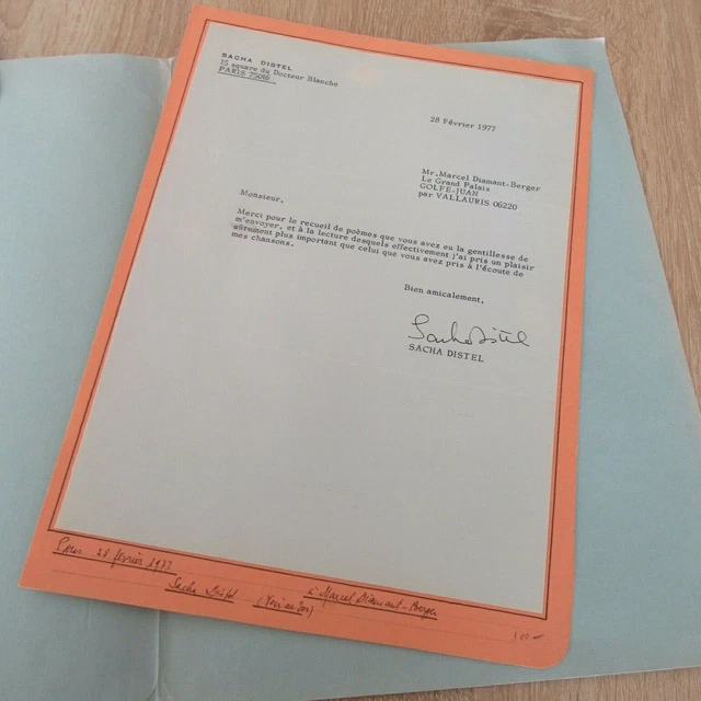 Autogrammierter Brief Unterzeichnet Sacha Distel 1977