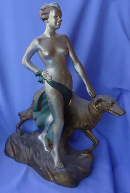 1935 Art Deco Bronze Borzoi  & Nude Lindner 18" 2