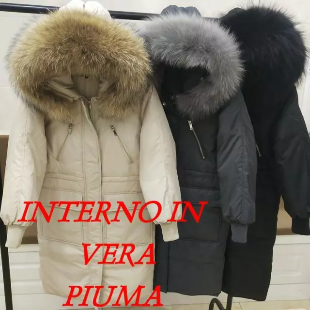 PIUMINO DONNA LUNGO Cappotto Parka Invernale Giubbotto Pelliccia Vera Piuma  Coat EUR 189,98 - PicClick FR