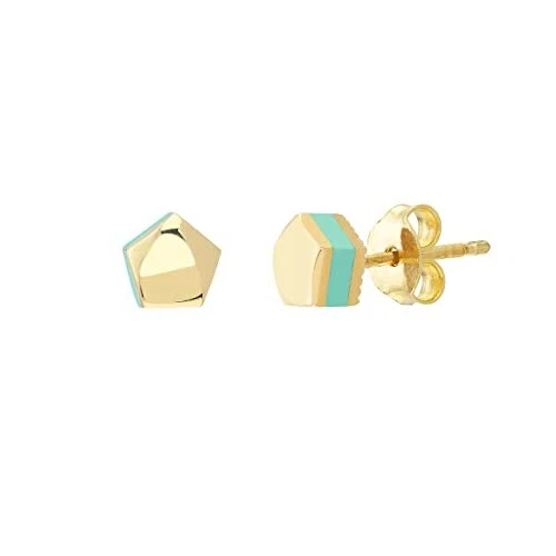 14k Yellow Gold Domed Pentagon Stud Earrings with Light Turquoise-color Enamel
