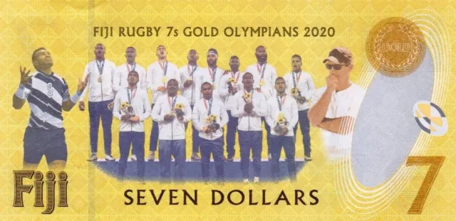 #Reserve Bank of Fiji 7 Dollars 2002 P-122 UNC Rugby 7s Gold Olympians 2020
