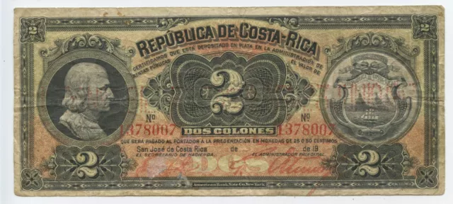 Rare Early 1900s Costa Rica Dos Colones Note Pick#149