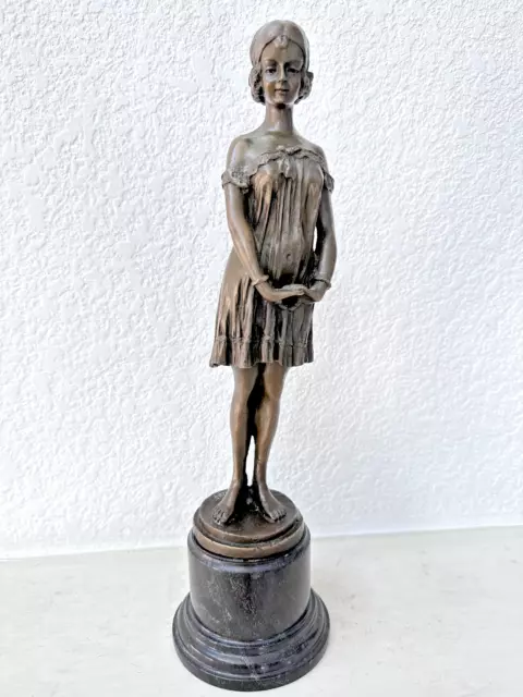 Charming Art Deco Bronze Girl Sculpture Statue "Innocence" 13.5 Inches W/Base