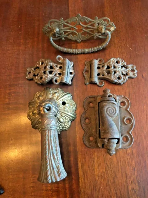 Mixed LOT Reclaimed Vintage OLD cabinet hardware: hinges drawer pull knob -B2