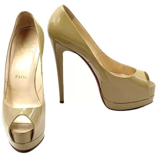 CHRISTIAN LOUBOUTIN Palais Royal Nude Beige Patent Platform Pumps US 7.5 EU 37.5