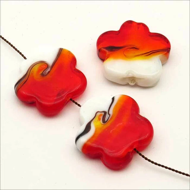 Lot de 4 Perles Artisanales Verre Lampwork Fleurs 25mm Rouge et Blanc