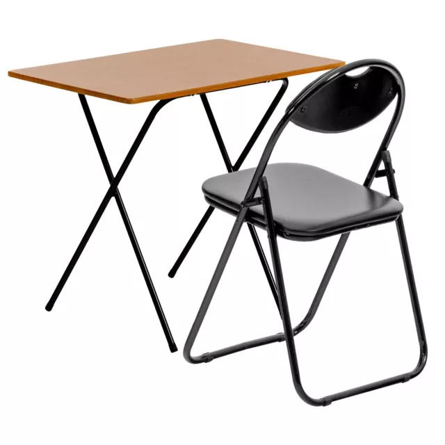 Natural/Black Folding Wooden Desk & Chair Set Study PC Laptop Computer Table