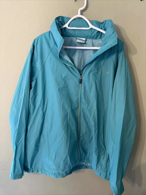 Columbia Lightweight Hooded Rain Jacket Women's Size 2X Teal Full Zip PocketsEUC