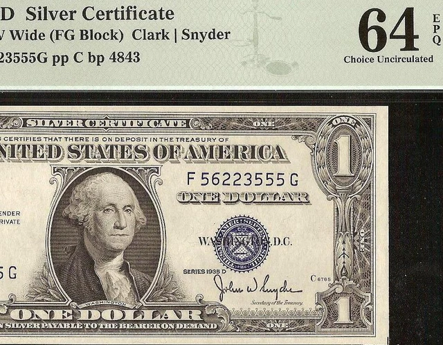 1935D $1 DOLLAR BILL WIDE SILVER CERTIFICATE NOTE Fr 1613W UNC PMG 64 EPQ