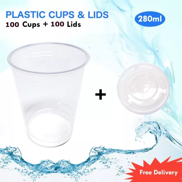 Reusable Plastic Cups 100/Pk Flat Lids 280ML Party Reusable Cups