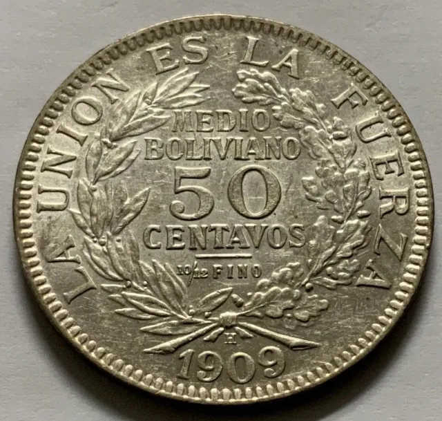 1909 H Bolivia 50 Centavos Silver AU-BU