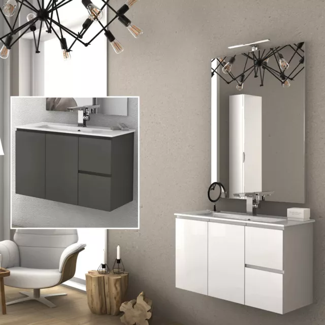 Mobile Arredo Bagno Sospeso 80 Cm 2 Ante 2 Cassetti Lavabo Specchio Led Giulia