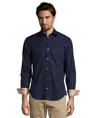 NWT BURBERRY BRIT Navy Blue Henry Trim Fit Cotton Logo Nova Check ...