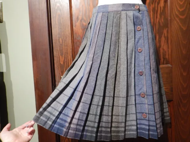 HANDMADE VINTAGE PLEATED MIDI SKIRT muted colors border plaid stripe trim S 2E