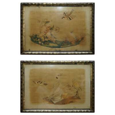 Pair Of 19Th Century Silk Hand Woven Tapestries Pictures Depicting Birds Fruit