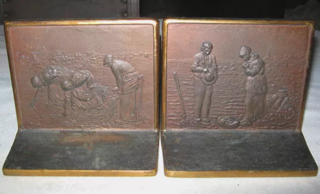 Antique Bronze Country Harvest Jesus Prayer Farm Art Christ Statue Book Bookends