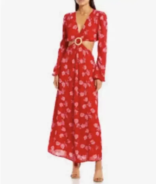 Wayf Dress Womens Medium* Red Floral Maxi Linda Cut Out Long Sleeve O Ring