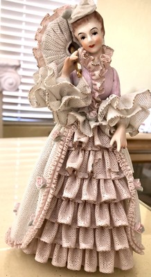 Vintage Porcelain Lace Dress Elegant Lady With Parasol Figurine- Mark Unknown