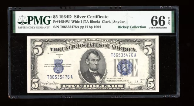 DBR 1934-D $5 Silver Fr. 1654Wi Wide I Gem TA Block PMG 66 EPQ Serial T86535476A