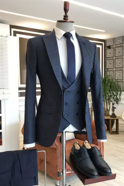 Blue Men Suit Peak Lapel Slim Fit Groom Party Prom Dinner Tuxedo Wedding Suits