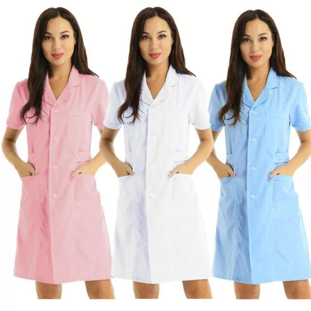 Women's Scrub Lab Coat Doctor Nurse Uniform Dress Hospital Medical Work Coat