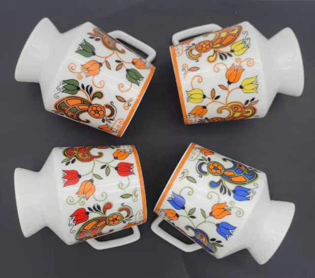 Vintage Ceramic Pedestal Mug Made In Japan Mod Flowers & Birds Set 4 Stackable