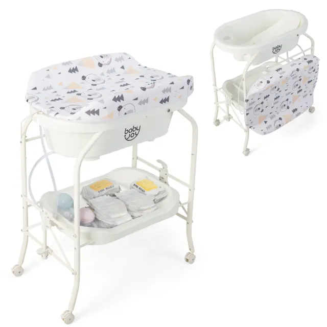 Baby Changing Table w/Bathtub, Folding & Portable Diaper Station w/Wheels White